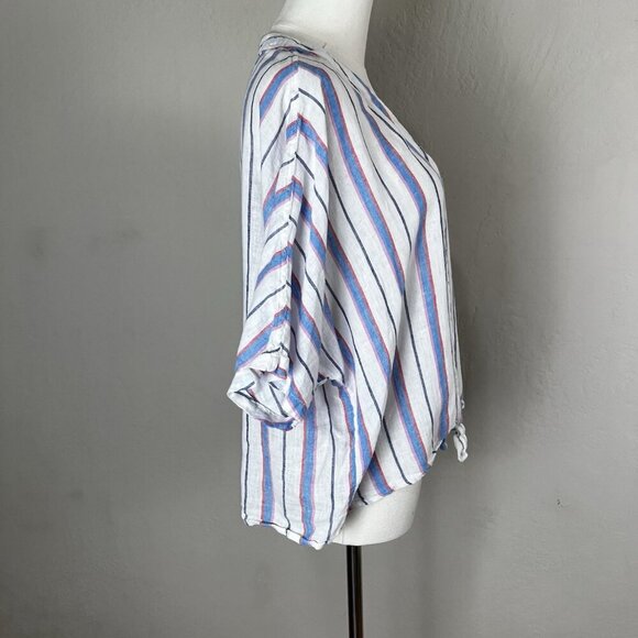 Rails Thea Tahiti Stripe Shirt White Blue V Neck Short Sleeve Tie Front Sz Large - Picture 7 of 11